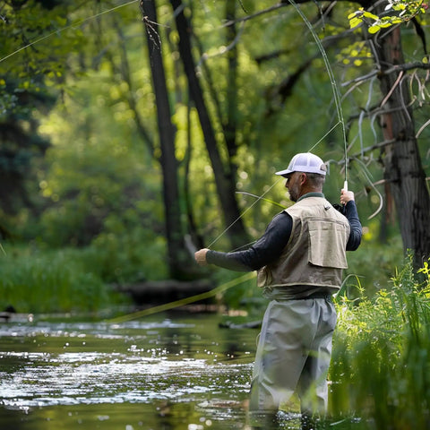 Angler casting in a lush forest stream with a 9Ft 5Wt Fly Fishing Rod Combo Starter Kit With 4 Piece Carbon Fiber Rod Semi Gloss Green Jade Finish.