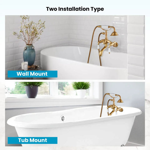 Antique Brass Clawfoot Bathtub Faucet With Wall Mount Handheld Shower Set showcasing wall and tub mount installations