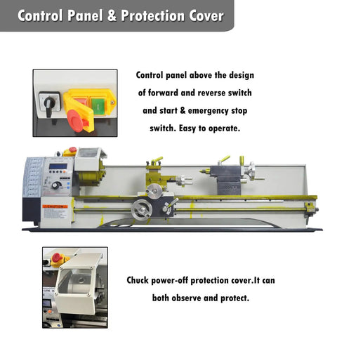 Control panel and protection cover of Heavy Duty Benchtop Mini Metal Lathe With Fast Gears For Straight Up Precision And No Sweat Metric Imperial Setup.