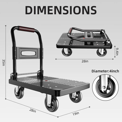 Foldable Push Cart Platform Cart With 360 Degree Swivel Wheels No-Fuss Heavy-Duty Hand Truck For Moving And Storage dimensions