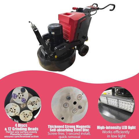 Planetary Electric Concrete Floor Grinder With 12 Grinding Heads 18.5kW Self Propelled Floor Polisher in red and black design
