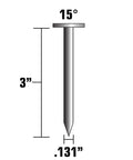Diagram of 3 inch full round head wire coil framing nail with .131 inch diameter and 15° angle for heavy duty build projects.