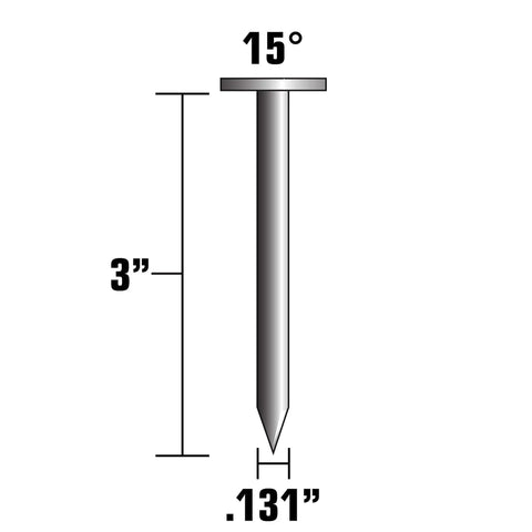 Diagram of 3 inch full round head wire coil framing nail with .131 inch diameter and 15° angle for heavy duty build projects.