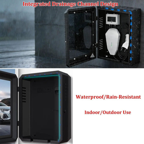 Heavy Duty EV Charger Lock Box With Key Weatherproof Cover For Electric Vehicles, integrated drainage design, indoor/outdoor use.