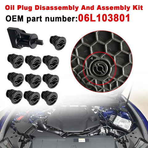 Heavy Duty Car Engine Oil Pan Drain Plug 06L103801 With Removal Tool Repair Kit For VW Audi TSI Engines Golf GTI Passat Tiguan A3 A4 Q5 And More Awesome 11 Pack Set, black nylon plugs and tool