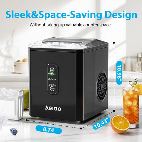 Aeitto countertop ice maker in black with clear top ice bin and front control panel.