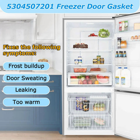5304507201 Freezer Door Gasket Replacement Seal installed on open refrigerator showing organized food items and benefits listed
