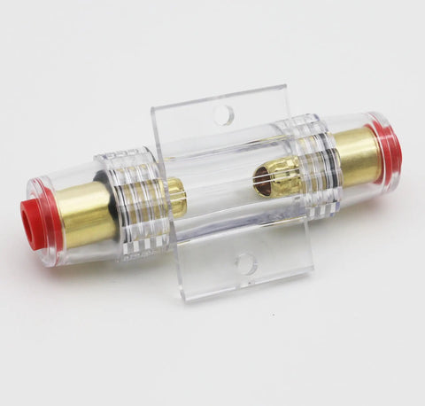 Inline AGU Fuse Holder Kit For 4 To 10 Gauge Wire With Six 100A AGU Fuses, Great For Car Audio, clear plastic with brass fittings