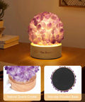 Mini Crystal Table Lamp With Warm Soft LED Light for Home Decor featuring amethyst crystal on wooden base in a cozy setting.