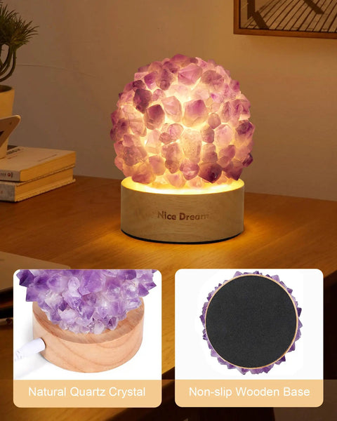 Mini Crystal Table Lamp With Warm Soft LED Light for Home Decor featuring amethyst crystal on wooden base in a cozy setting.
