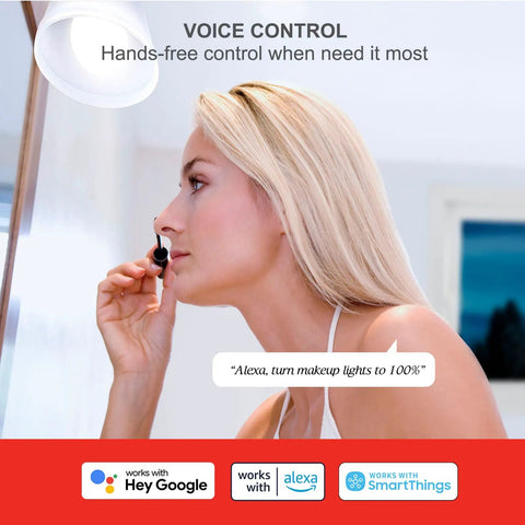 Woman using No Hub Smart Light Bulb For Google Home Control while applying makeup, demonstrating voice control feature.