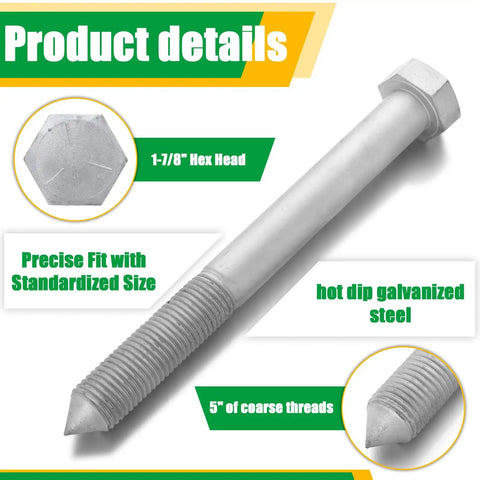 Heavy Duty Treehouse Lag Bolts Set 2 Pack Hot Dip Galvanized Hex Head Screws For Treehouse Brackets Decking And Wood Framing 1.25 By 12 Inch Ideal For Outdoor Treehouse Builds And Rugged Deck Framing Weather Resistant Fastening, 1-7/8 hex head
