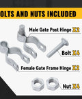 1-5/8 Inch Chain Link Gate Hinge Kit With Male And Female Hinges, Galvanized Steel Fence Hardware, showing bolts and nuts included