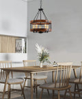 Farmhouse Chandelier For Dining Room And Kitchen Island, 5 Light Rustic Round Wood And Metal Lighting Fixture hanging over table
