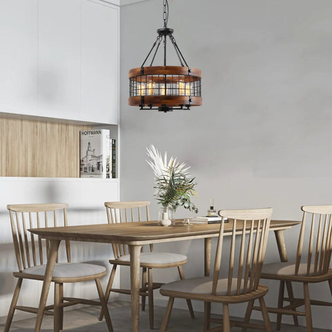 Farmhouse Chandelier For Dining Room And Kitchen Island, 5 Light Rustic Round Wood And Metal Lighting Fixture hanging over table