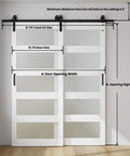 Double Glass Sliding Barn Door Kit With 6 Ft Bypass Hardware, 5 Panel Frosted Glass, 34 Inch By 84 Inch, installed in white room.