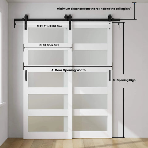 Double Glass Sliding Barn Door Kit With 6 Ft Bypass Hardware, 5 Panel Frosted Glass, 34 Inch By 84 Inch, installed in white room.