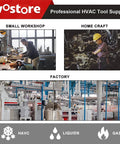 Wostore HVAC tools banner showing brand logo and small workshop, home craft, and factory scenes.