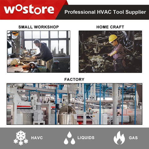 Wostore HVAC tools banner showing brand logo and small workshop, home craft, and factory scenes.