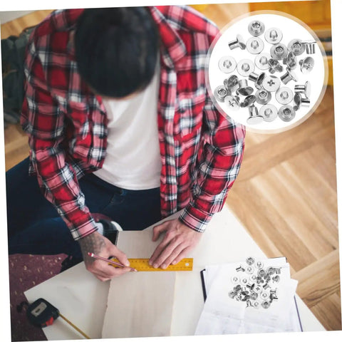 User measuring wood with Built Tough Chicago Style Binding Screws For Books And Scrapbooks And Paper Crafts Using 75 Piece Silver Carbon Steel Fasteners.