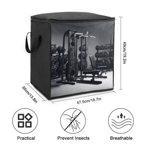 70L Gym Equipment Storage Bag With Zippers And Handle, Extra Large Bedding And Comforter Organizer, black bag with dimensions and icons displayed