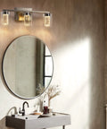 Three Light Brushed Nickel Vanity Light Fixture With Crystal Glass Shades Dimmable LED Bath Vanity Sconce over bathroom mirror