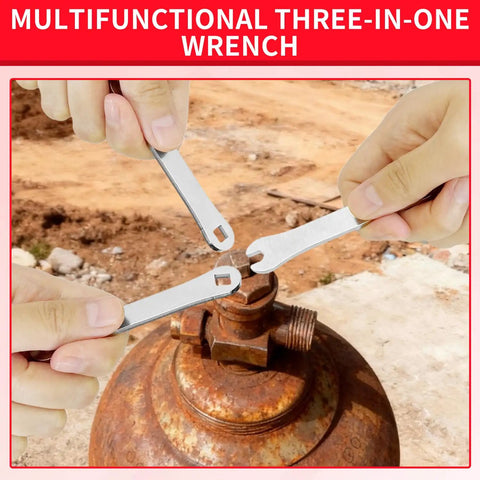 Three acetylene tank valve wrenches for B and MC cylinders shown with a gas tank, highlighting beefy built design.