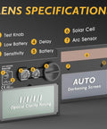 Auto Darkening Solar Powered Welding Helmet lens details with adjustable controls, battery, solar cell, and arc sensor