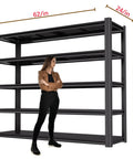 Built Tough 5-Tier Garage Shelving Unit With 5,000 Lbs Total Capacity (1,000 Lbs Per Shelf), Adjustable Steel Shelves For Garage Basement Workshop And Warehouse, 62W X 24D X 72H For Ultimate Tool And Gear Organization shown with size labels and a person for scale