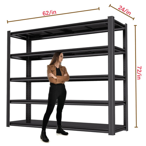 Built Tough 5-Tier Garage Shelving Unit With 5,000 Lbs Total Capacity (1,000 Lbs Per Shelf), Adjustable Steel Shelves For Garage Basement Workshop And Warehouse, 62W X 24D X 72H For Ultimate Tool And Gear Organization shown with size labels and a person for scale