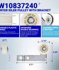 High Grade Dryer Repair Kit Featuring Smooth Idler Pulley Replacement and Tough Four Rib Drum Belt for 27 and 29 Inch Machines diagram of durable plastic wheel and bracket assembly.