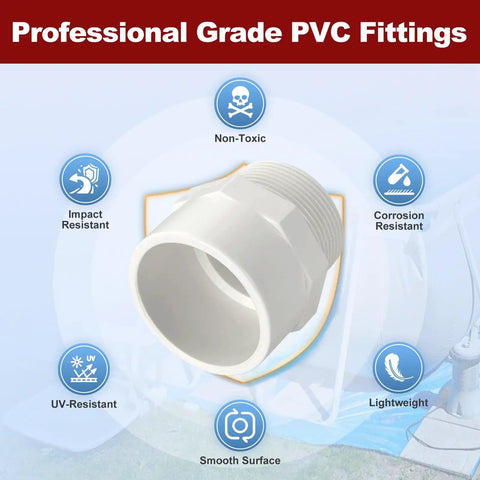 Five Pack One And A Half Inch PVC Pipe Fittings NPT Male Thread Adapters SCH40 Slip Coupling Connectors White