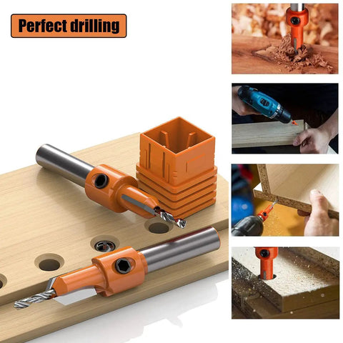 Premium Countersink Drill Bit Set For Woodworking And Timber Brings Legit Heavy Hitter Performance With A Sharp Three Pointed Edge Cut From Tough Carbon Steel To Sink Screws Fast Includes Six Must Have Sizes Plus A Solid Hex Key Wrench displayed with adjustable depth control in use on wood.