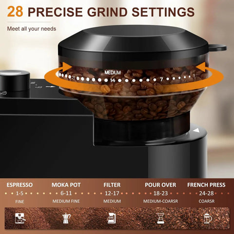 KIRAINAFLY Electric Burr Coffee Grinder with Adjustable Settings showing 28 precise grind levels for drip and espresso.