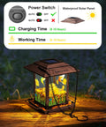 Solar Bird Feeder And Lantern For Outdoors Chew Proof Metal Feeder With Big Two And A Half Pound Seed Capacity on wooden table at night.