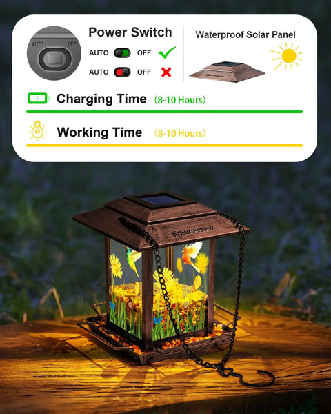 Solar Bird Feeder And Lantern For Outdoors Chew Proof Metal Feeder With Big Two And A Half Pound Seed Capacity on wooden table at night.
