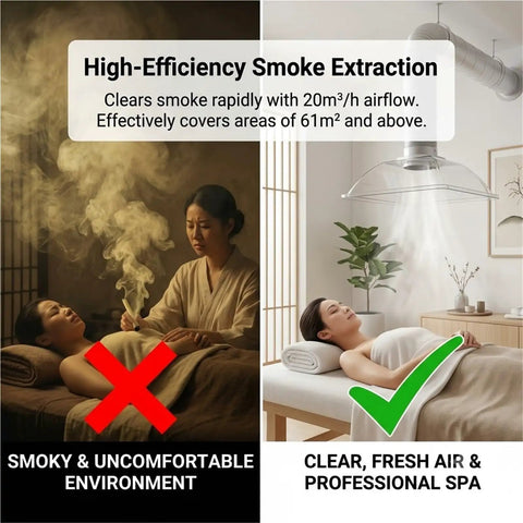 Commercial 130W Ceiling Fume Extractor With Silent 22dB Centrifugal Fan For Spas Clinics And Moxibustion Rooms displays effective smoke extraction in spa environment.
