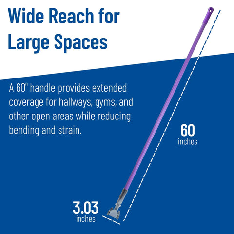 60 Inch Fiberglass Dust Mop Handle With Clip On Jaw Clamp Connector For Quick Attachment To Compatible Frames And Heads For Floor Cleaning In Commercial Janitorial Use Purple shown with length measurements