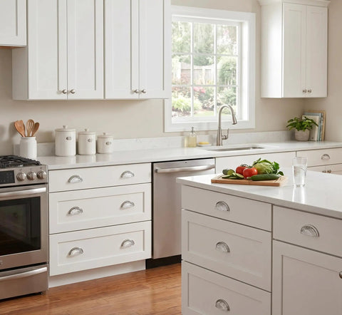 White kitchen with 10 Pack Satin Nickel Cabinet Cup Pulls With Clear Glass Big 3 Inch Hole Centers on drawers.
