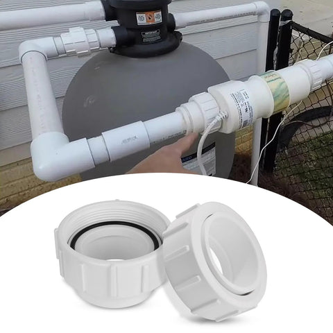 GAQUECY 2-inch heater union adapter, 2-pack, white PVC, installed on pool piping.