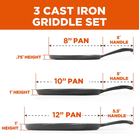 Three Piece Cast Iron Griddle Set Pre Seasoned For Easy Cooking Includes 8 Inch 10 Inch And 12 Inch Griddles Works On All Cooktops