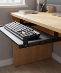 Rock Solid Heavy Duty Steel Under Desk Keyboard Tray Slide Rails, Adjustable Height Ball Bearing Glides, Smooth As Butter Tracking For Your Home Office Setup, Black Pack Of Four, keyboard tray extended with keyboard.