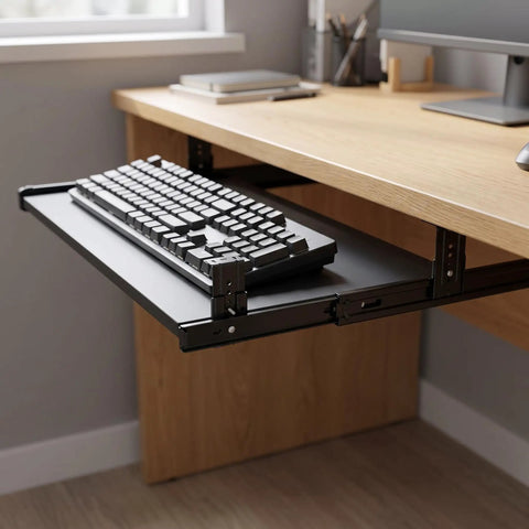 Rock Solid Heavy Duty Steel Under Desk Keyboard Tray Slide Rails, Adjustable Height Ball Bearing Glides, Smooth As Butter Tracking For Your Home Office Setup, Black Pack Of Four, keyboard tray extended with keyboard.