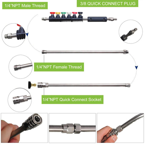Heavy Duty Pressure Washer Extension Wand Set 9 Pack With 30 90 And 120 Degree Curved Wands Six Nozzle Tips Stainless Steel Connectors