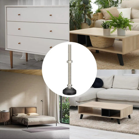 Four Piece Nylon Furniture Levelers Adjustable Swivel Table Feet M12 Thread on furniture in living spaces for stability.