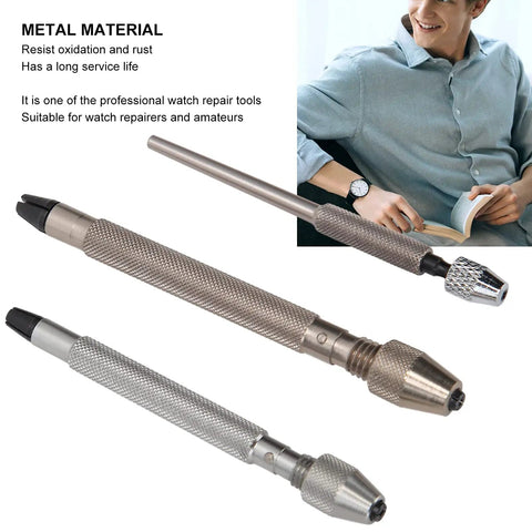 Slick 3-Pc Pin Vise Hand Drill Set for Watch Repair with metal needle clamp, showing precision tools for watchmakers.