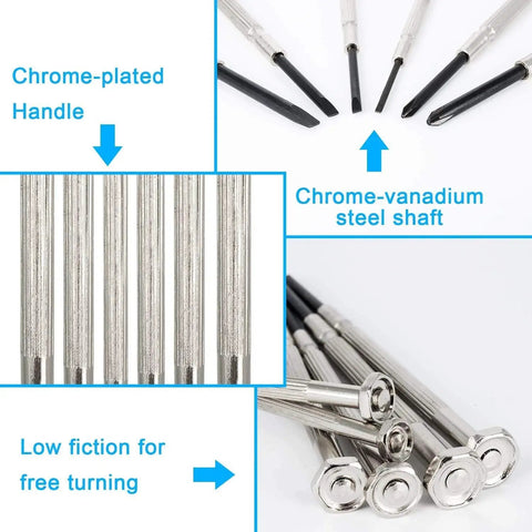 6 Piece Mini Screwdriver Set With Case, showing chrome-vanadium steel shafts and chrome-plated handles for precision repairs.