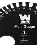 Close-up of Wen ME210G black metal thread-pitch multi-gauge with metric and imperial scales