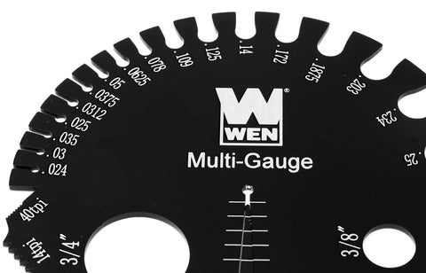 Close-up of Wen ME210G black metal thread-pitch multi-gauge with metric and imperial scales