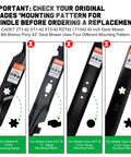 Comparison of mower blade mounting patterns showing correct 6-star pattern for 42 Inch Mower Blades With 6 Star Mounting Pattern For Bronco Pony XT1 LT42 42 Inch Deck Zero Turn Lawn Tractor Mulching Type 1 942-0616A 742-0616A Replacement.